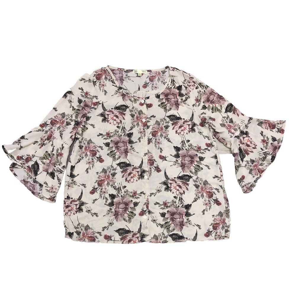 Mimi And Daphne Blouse Women's L Cream Floral Bell Sleeve Sheer Relaxed Boho